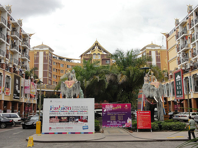Elephants grace a hotel entrance