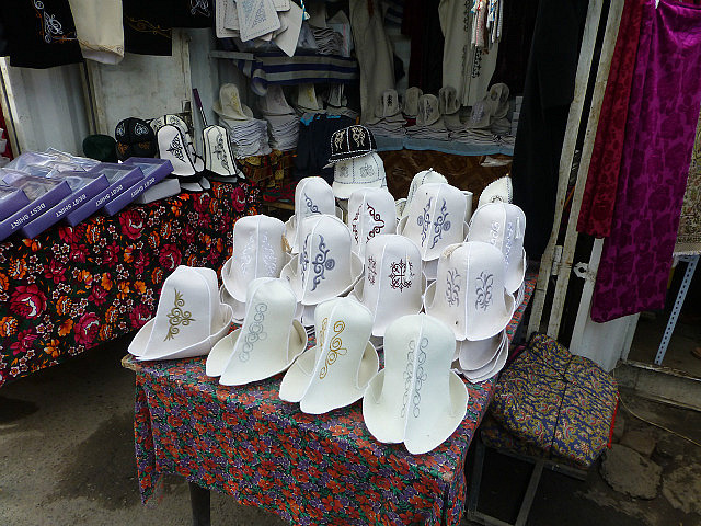 Traditional Kyrgyz hats for sale at the bazaar