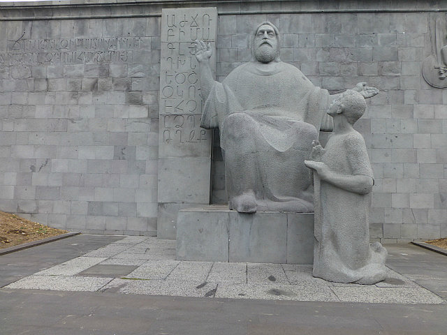 Statue of Mashots teaching the Armenian alphabet