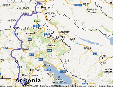 Tbilisi to Yerevan Route Map