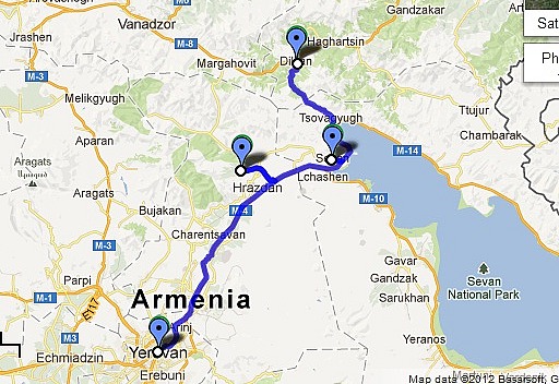 Yerevan-Lake Sevan-Dilijan Route Map