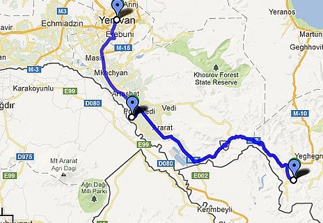 Yerevan-Khor Virap-Noravank Route Map