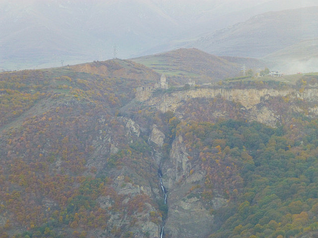 Distant view of Tatev from Halidzor at dusk