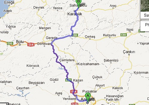 Ankara to Safranbolu Route Map (230 km)