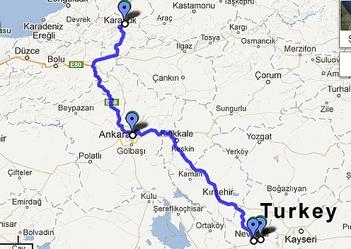 Safranbolu to Goreme Route Map (580 km)