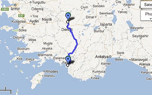 Fethiye to Pamukkale Route Map (250 km)