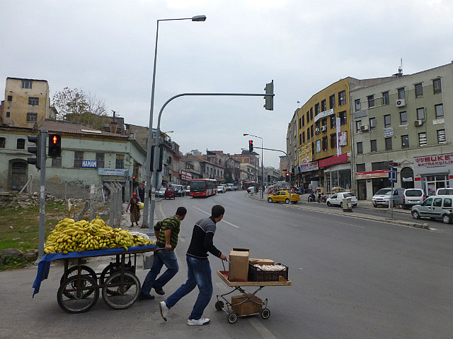 Banana vendor in old city street, Izmir