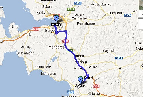 Selcuk to Izmir Route Map