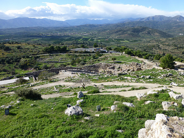 View of Mycenae ruins and Peloponnese countryside
