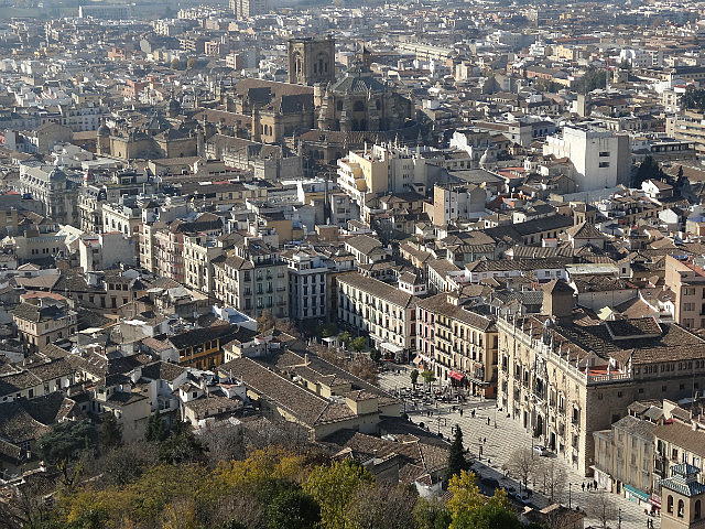 The massive Granada cathedral viewed from Alhambra