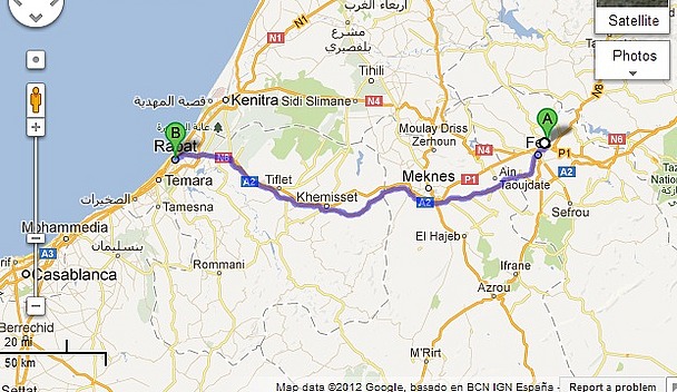 Route Map - Fes to Rabat (230 km)