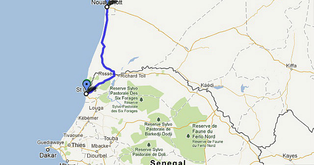 Route Map - Nouakchott to Saint-Louis (200 km)