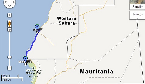 Route Map - Dakhla to Noadhibou (450 km)