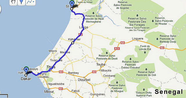 Route Map - Saint-Louis to Dakar (260 km)