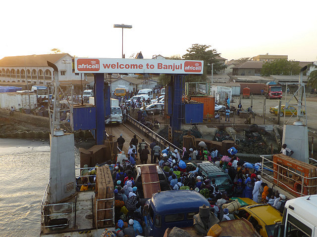 Exiting the ferry at Banjul