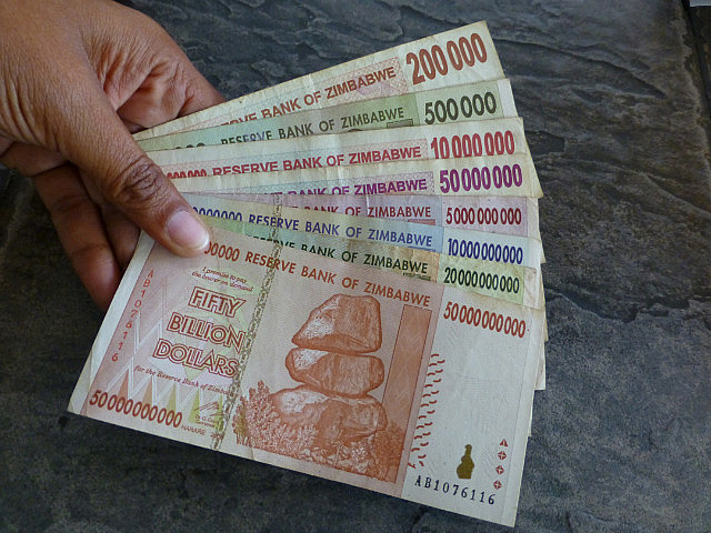 Zimbabwe dollar notes of lesser value in the set