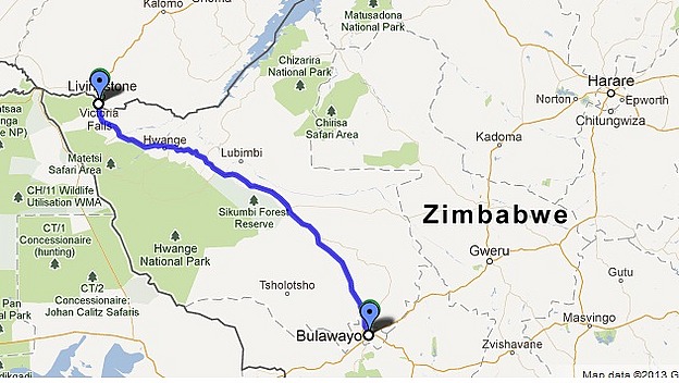 Route Map - Victoria Falls to Bulawayo (440 km)
