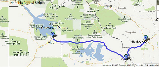 Route Map - Bulawayo to Maun (680 km)