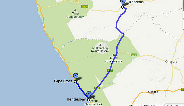 Khorixas, Cape Cross, Henties Bay  (328 km)