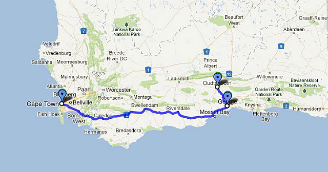 Route Map - Cape Town to Oudtshoorn (491 km)