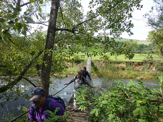 Crossing a swinging bridge