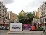 Elephants grace a hotel entrance