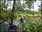 Crossing a swinging bridge