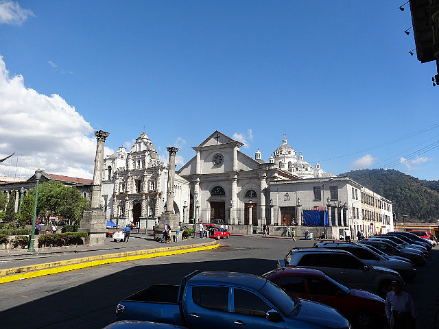 The iglesia facade the modern Cathedral behind