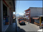Chicken bus climbing up the main street, Solola