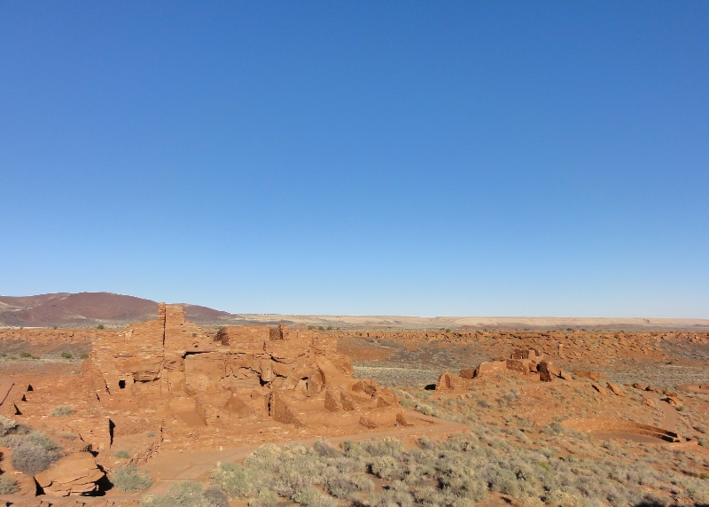 DSC02117.JPG - The dwelling's walls, many of which still stand, were constructed from flat red stones held together with mortar. Each settlement was constructed as a single building, sometimes with scores of rooms. The largest settlement on monument territory is the Wupatki Ruin, "Tall House" in the Hopi language, built around a natural rock outcropping. With over 100 rooms, this ruin is believed to be the area's tallest and largest structure for its time period. 