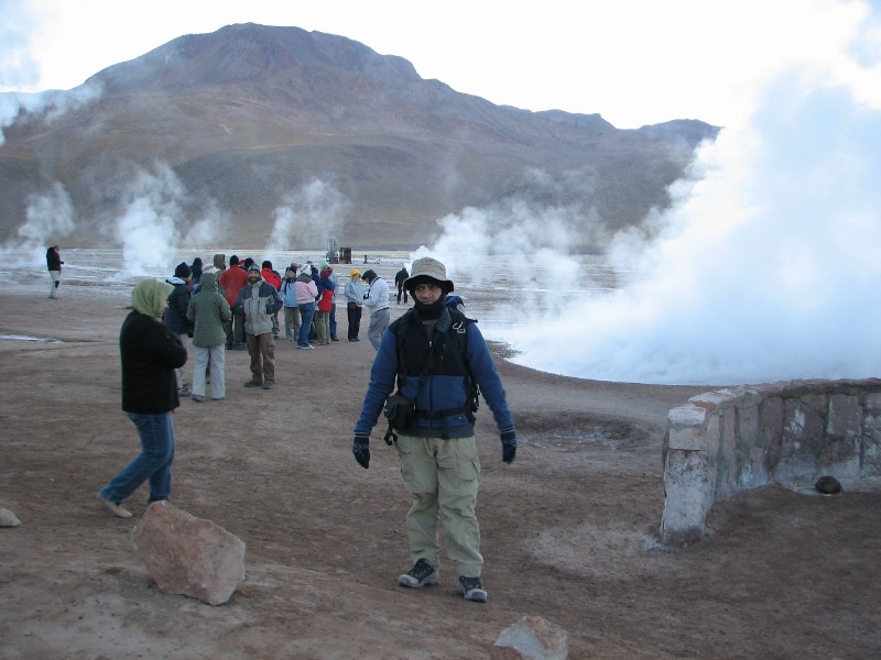 IMG_5564.jpg - The El Tatio Geyser field (4300m). The best time to see them is at sunrise when each geyser is surmounted by a column of steam that condenses in the bitterly cold morning air. The steam plumes disappear as the air warms up.