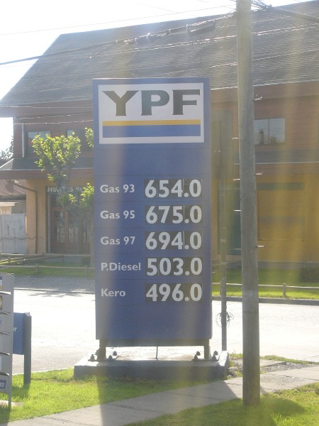 P1080551.jpg - At the gas station. 3 different octane levels for Gas. Diesel and Kerosene also on offer. The currency is CLP (Chilean Pesos).