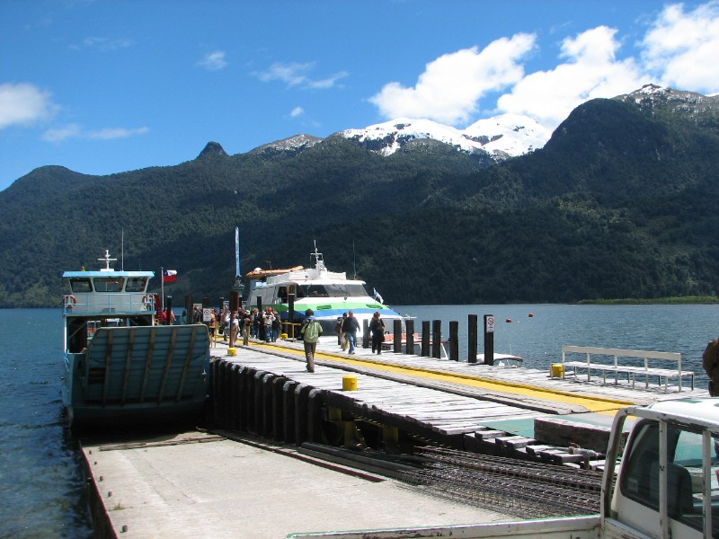 IMG_5875.jpg - The boat docks at Peulla. Buses transport people from here to the Peulla resort. There one can gets one passport checked before transferring over to a bus that crosses the border. We stayed in Peulla for a Canopy adventure before returning back to Puerto Varas with passengers who crossed over from Argentina.