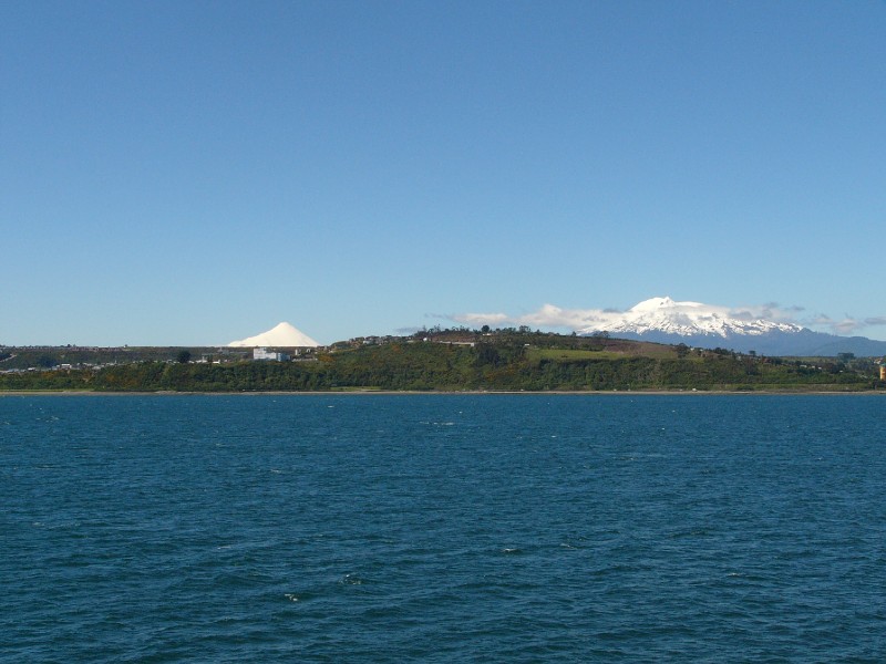 P1080780.JPG - 3 pm: Goodbye to Volcan Osorno and Calbuco as we leave Puerto Montt into the waters of the Gulf of Ancud which lies between the large island of Chiloé and the mainland of Chile.