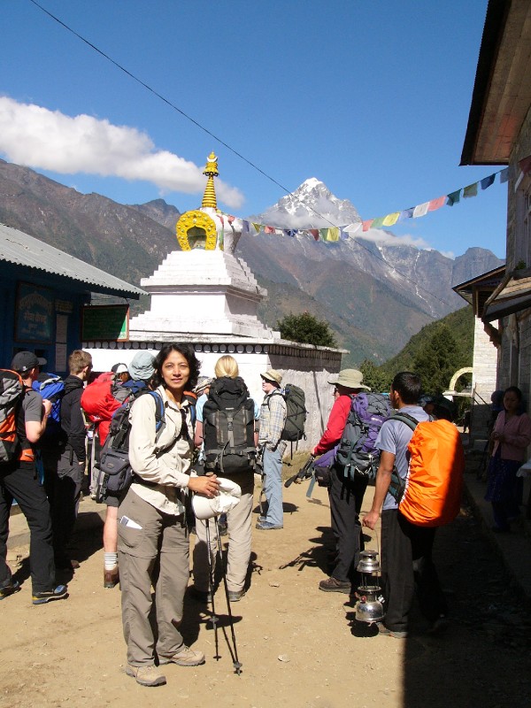 P1100418.JPG - Pretty crowded at the beginning. This is a Buddhist chorten with distant Kwangde Ri (this mountain is known as Nupla but is part of the Kwangde Ri range)
