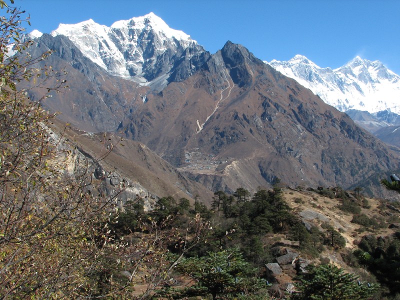 IMG_8106.JPG - View of the town of Phortse in the distance taken from the Everest View Hotel. Tawoche, Everest, Lhotse are seen above.