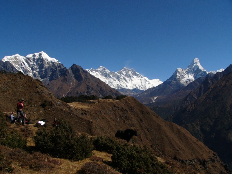 P1100477.JPG - Since this was taken from a higher elevation than the Namche museum, more of the mountains can be seen. L-to-R: Tawoche, Everest, Lhotse, Lhotse Shar, Ama Dablam.