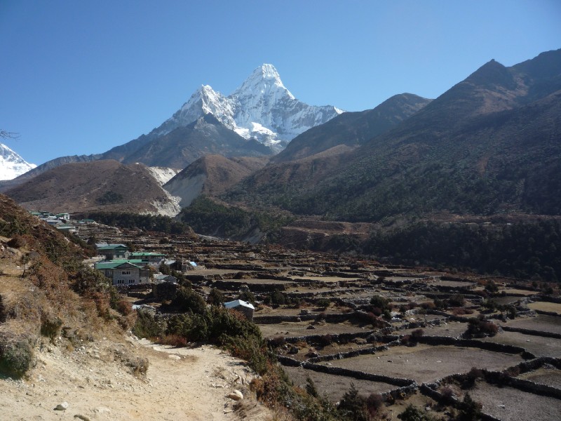 P1000483.JPG - Nearing Pangboche village with its agricultural plots. We are now much closer to Ama Dablam