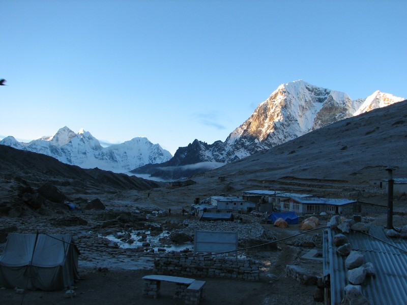 IMG_8343.jpg - Early morning at Lobuche. Sunrise over Tawoche with Kang Tega and Thamserku in the distance
