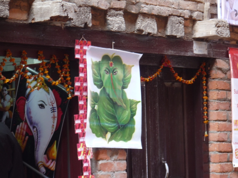 P1000768.JPG - Artwork depeciting a Ganesh composed of betel leaves.